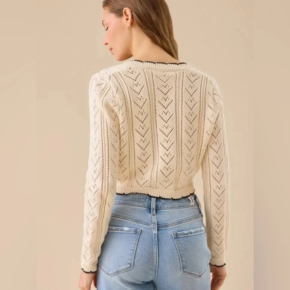 Altar'd State Cece Delicate Bow Cardigan in Ivory and Black Girly Cotton Blend - Picture 3 of 8